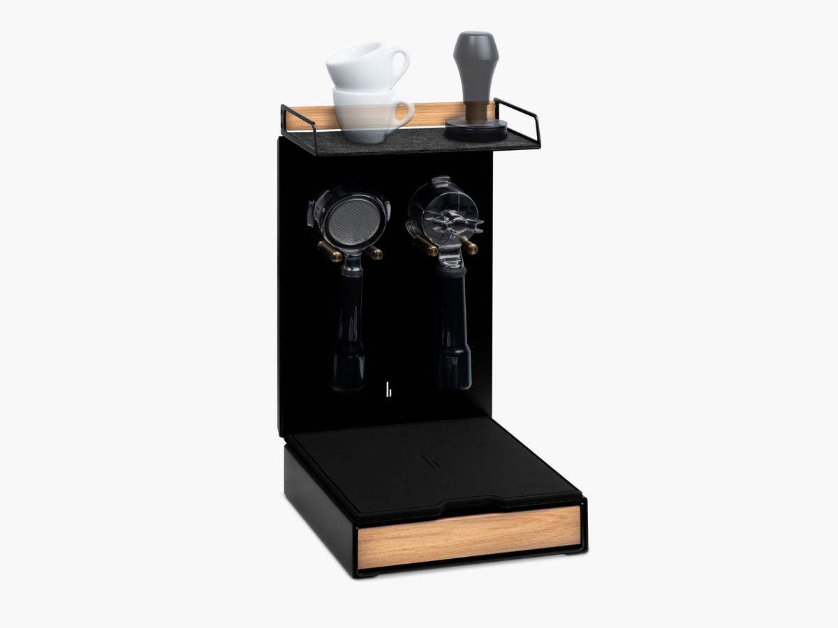 Barista Bar mit Eichenholz, zwei Espressotassen und Tamper, zwei Portafilter-Halterungen, Schublade mit Eichenholz-Front @expand #material_Eiche