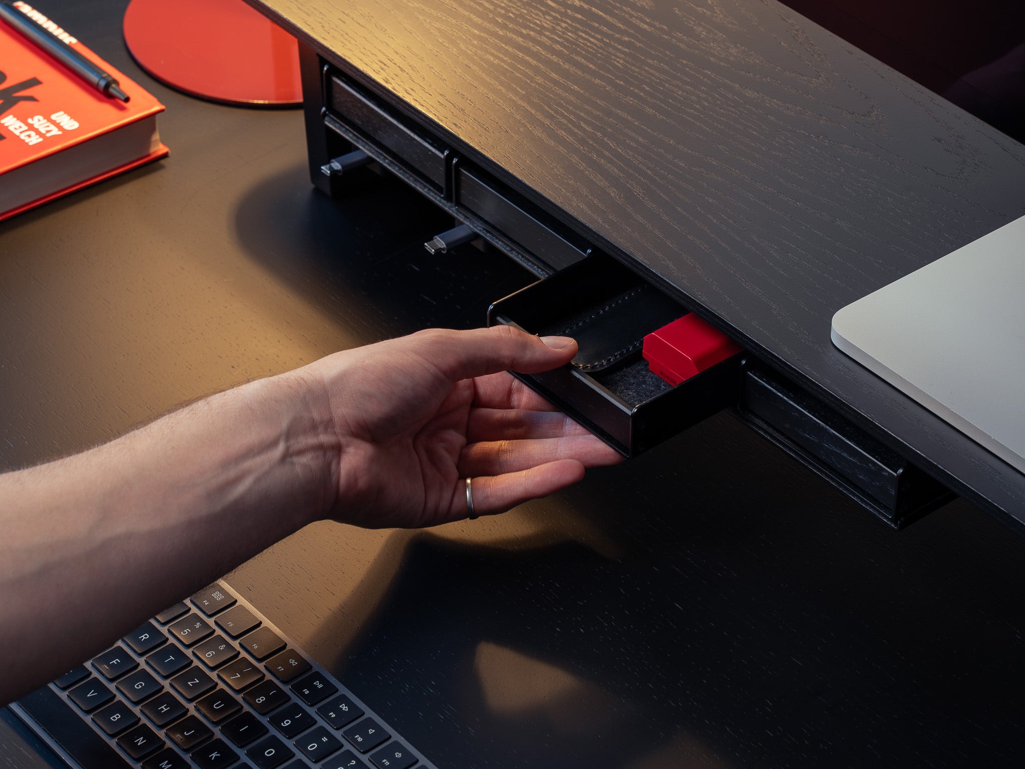 Detailansicht vom großen Fach am Setup Cockpit aus schwarz gefärbter Eiche mit vier Stiftablagen. @expand