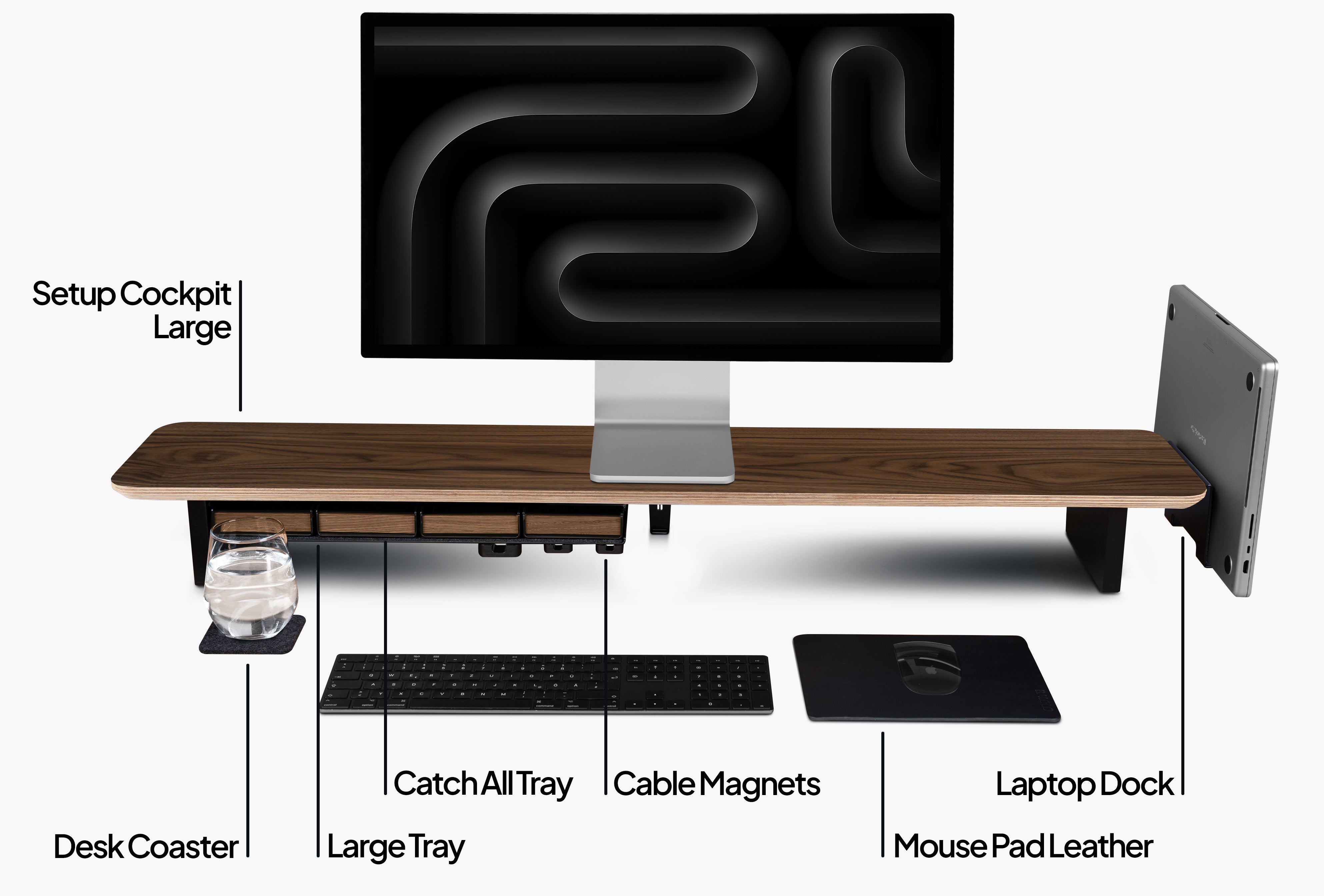 Setup Cockpit Desk Shelf Large in American Walnut, as a bundle set with add-ons: Laptop Dock, Large Tray, Catch all Trays, cable magnets and desk pad. Labeled for illustration purposes