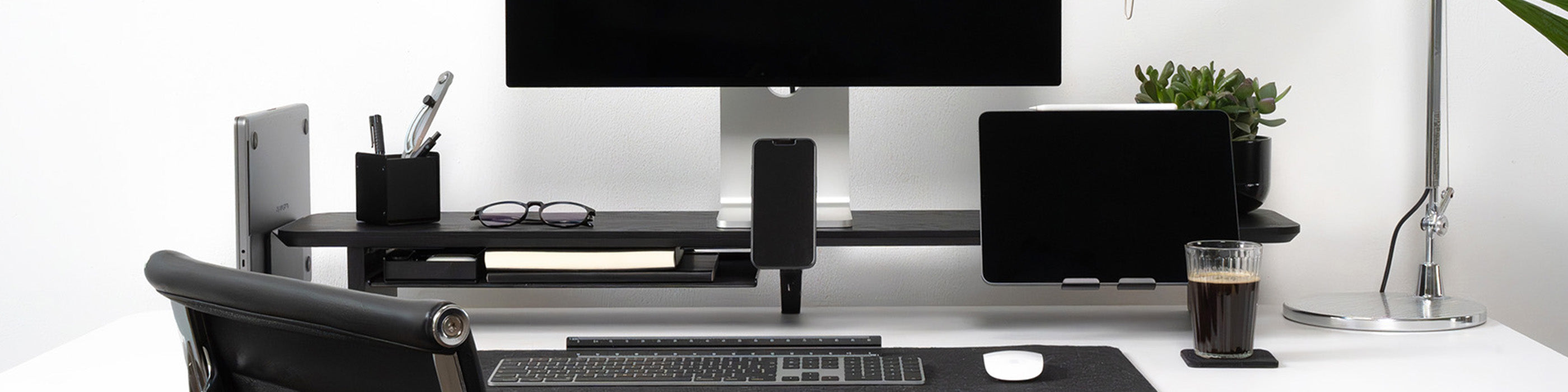 BALOLO, Setup Cockpit, Monitor Stand, Monitor Riser, Desk Shelf, modular desk shelf, desk organization, desk setup, desk organizer, desk accessories, ergonomic workspace, organized workspace, work from home setup, office, dual monitor setup, all black