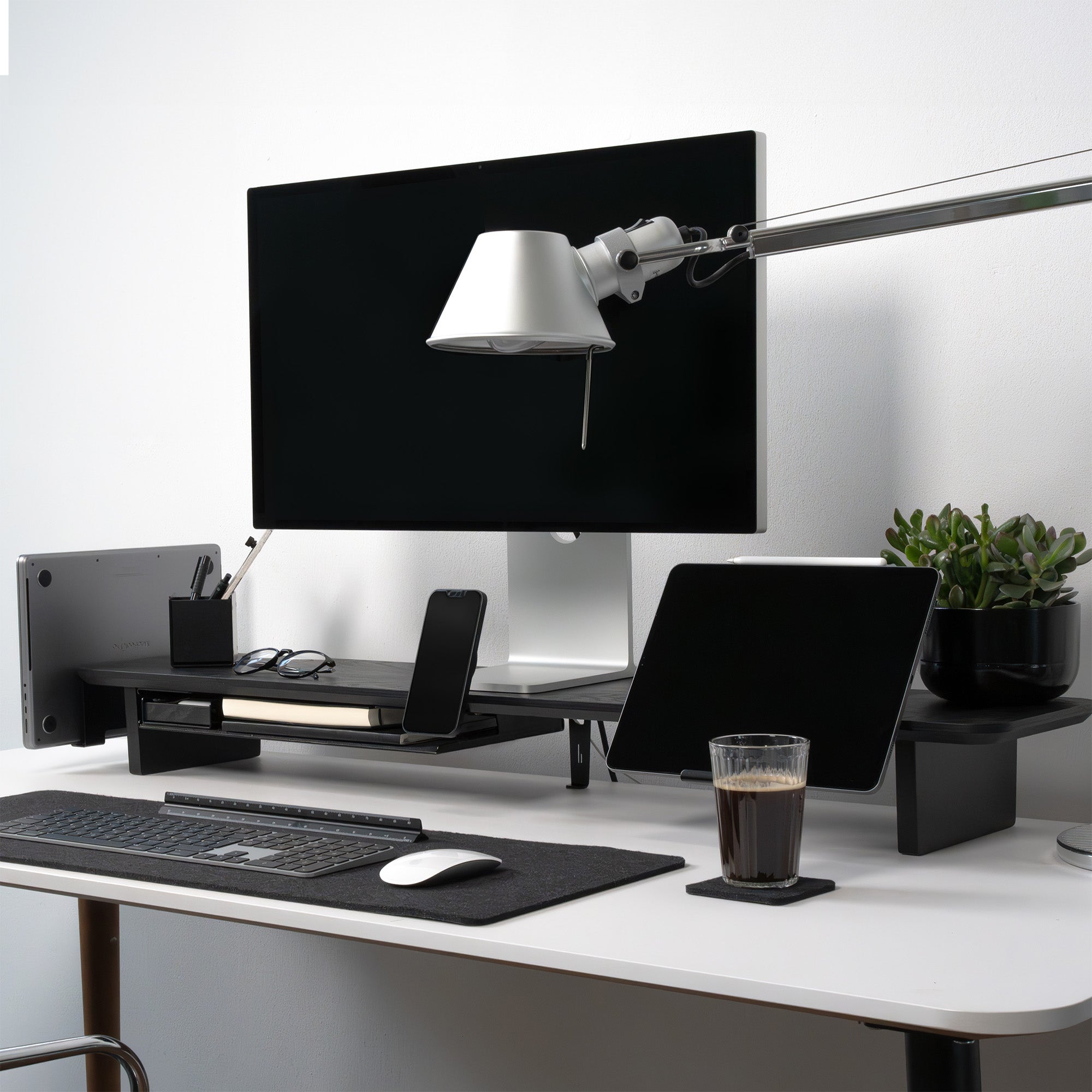 BALOLO, Setup Cockpit, Monitor Stand, Monitor Riser, Desk Shelf, modular desk shelf, desk organization, desk setup, desk organizer, desk accessories, ergonomic workspace, organized workspace, work from home setup, office, dual monitor setup, all black