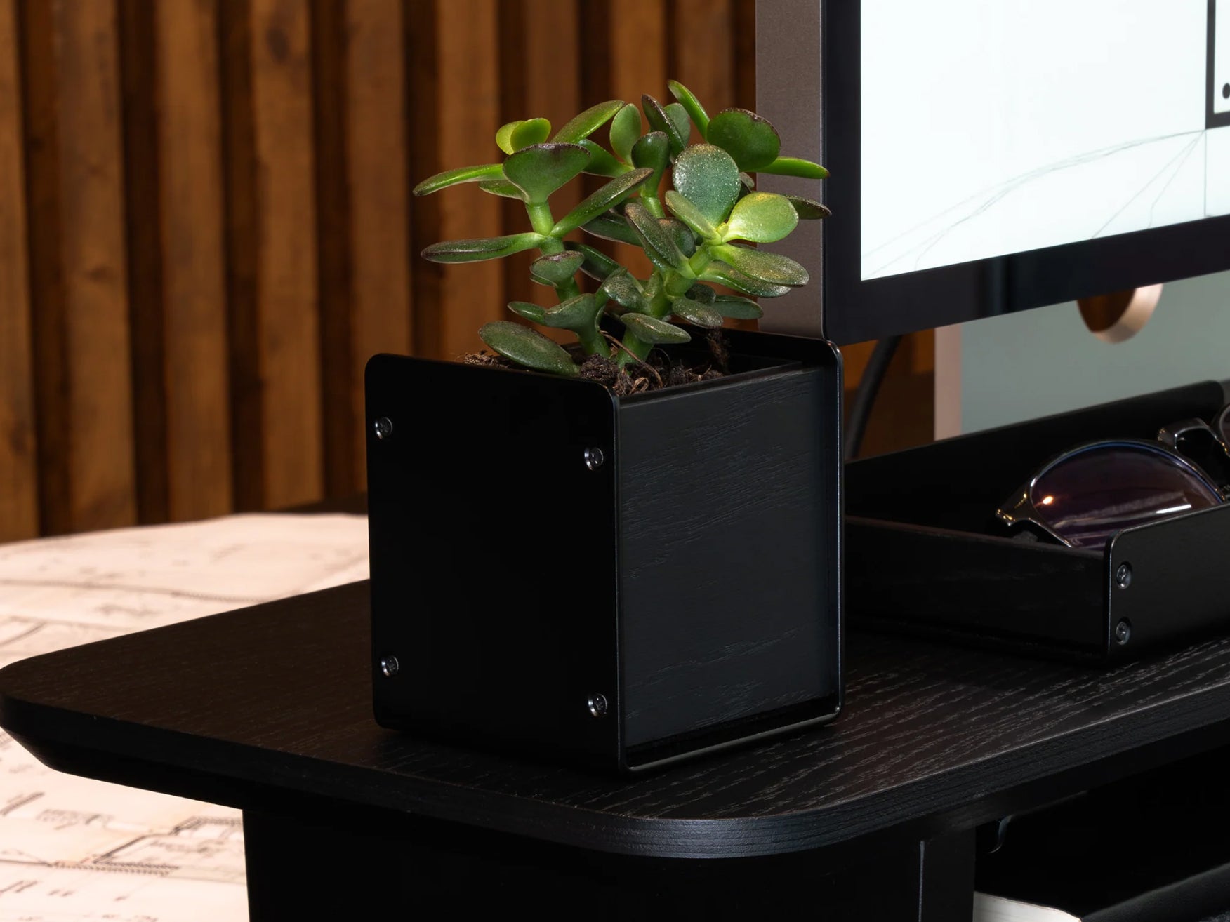 BALOLO, Planter, Übertopf, Pflanztopf, Pflanze, Zimmerpflanze, Inneneinrichtung, Büro, Home Office, Wohnzimmer, Amerikanische Eiche, Design, Deko, Dekoration, Schreibtischzubehör. Schreibtisch, Arbeitsplatz, Monitorständer, All Black, schwarz gebeizt, #material_All Black