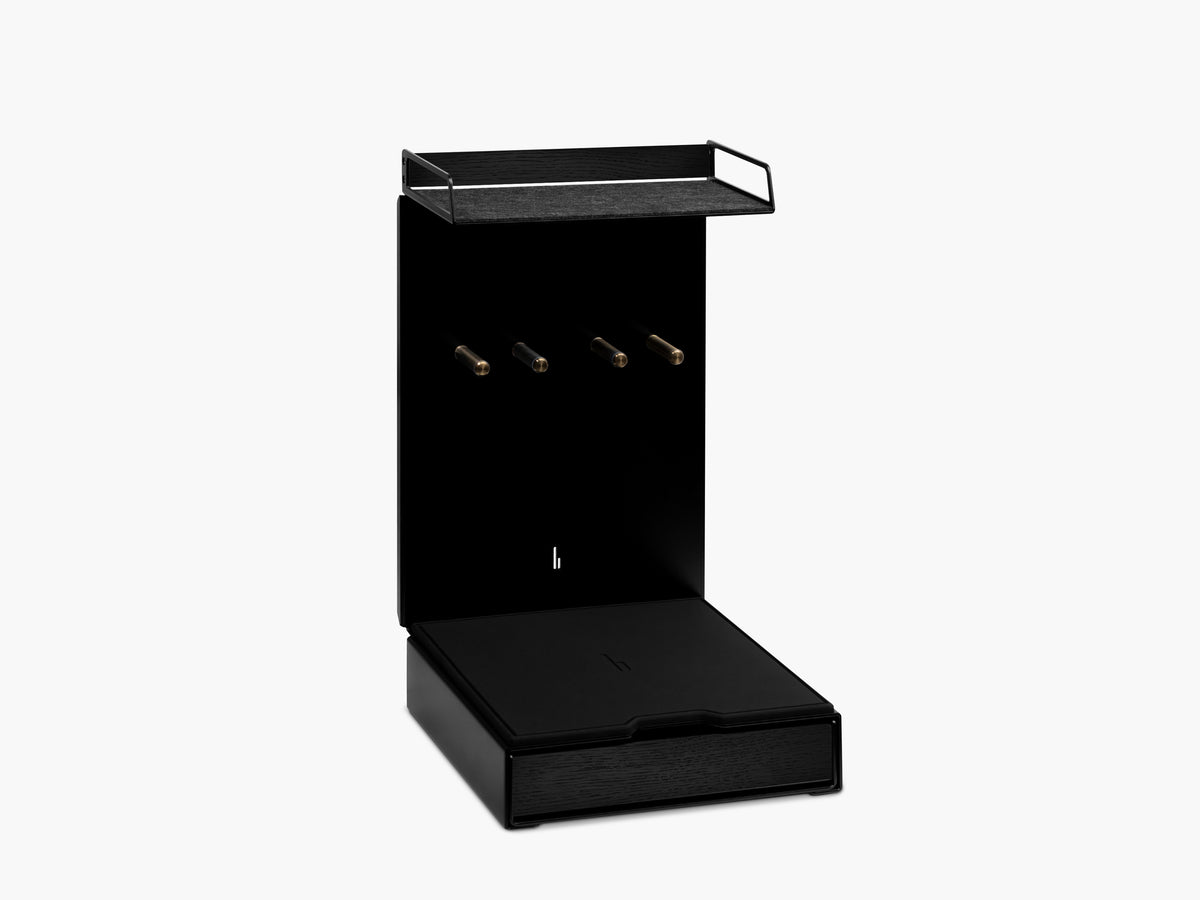 Barista Bar komplett in Schwarz mit schwarzem Eichenholz, vier Messinghalter für Zubehör, Schublade mit schwarzer Eichenholz-Front  #material_All Black
