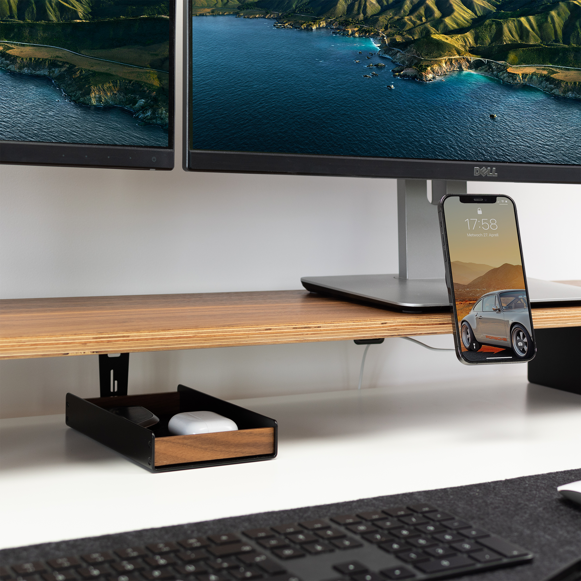 Catchall Tray mit Monitorerhöhung aus Holz Setup Cockpit balolo 